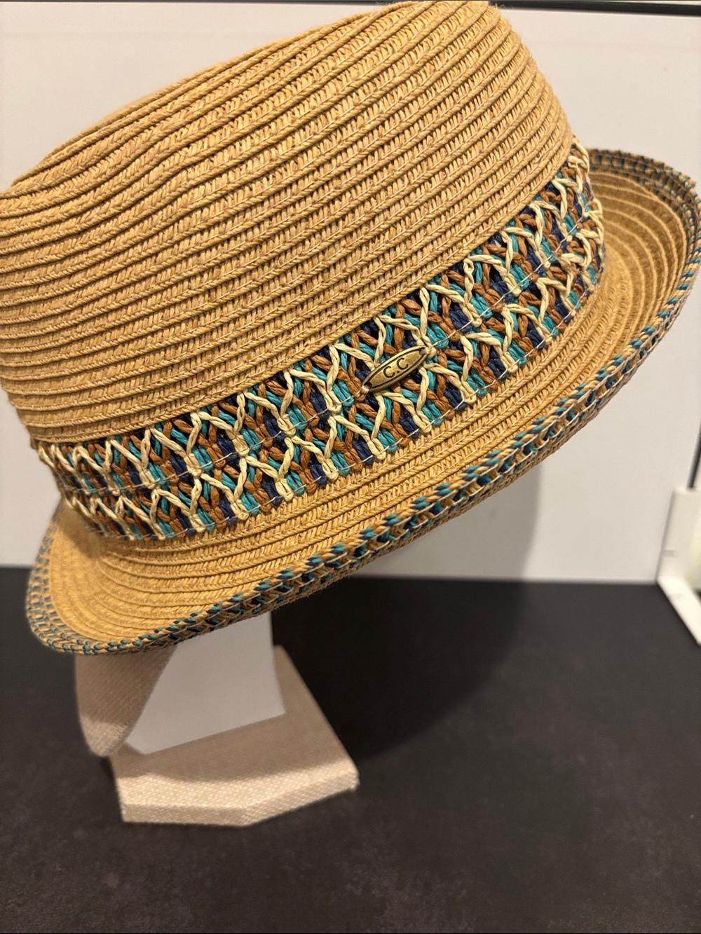C.C Straw Fedora Hat in Tan with Teal and Brown Braided Band